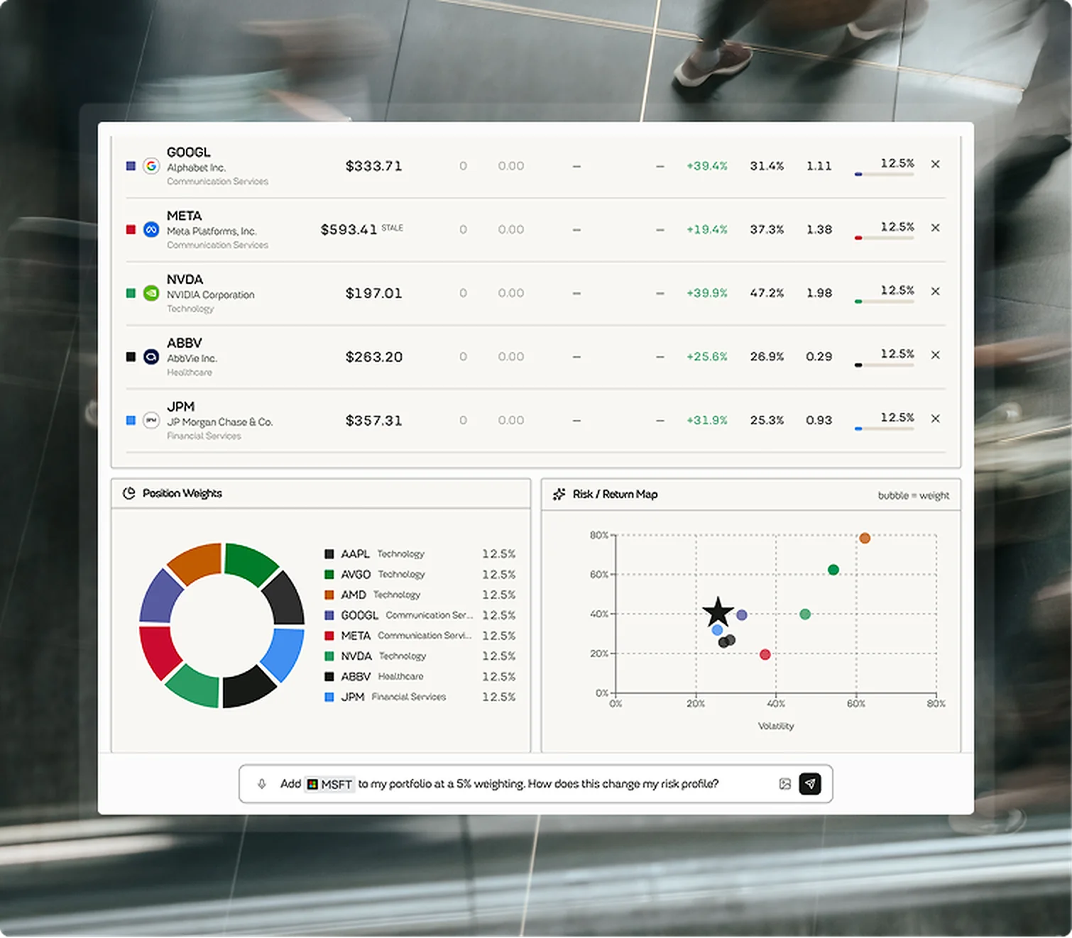 Talis portfolio holdings, position weights and risk-return analysis workspace
