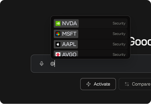 Company research workspace with a natural-language security selector
